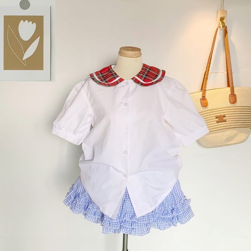 Cute White Blouse Red Plaid Peter Pan Collar